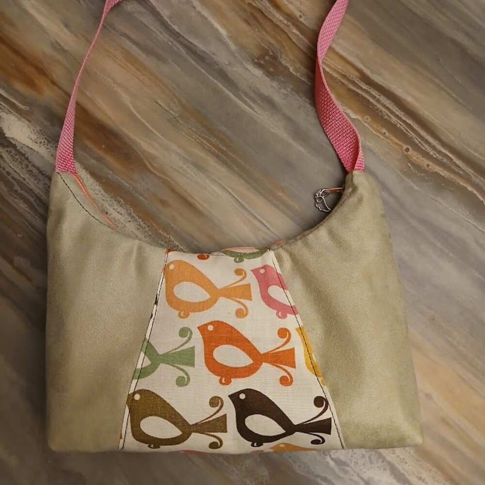 New Fun Birds Print Top handle Handbag Purse Sage Suede Crescent Small Baguette